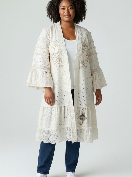 POL Other - POL Cream Denim And Lace Open-Front Tiered Boho Duster